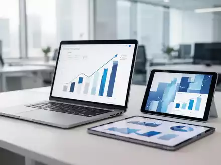 Ein moderner, heller Arbeitsplatz mit Laptop und Tablet, auf dem Geschäftsgrafiken zu sehen sind. - Foto: über boerse-global.de