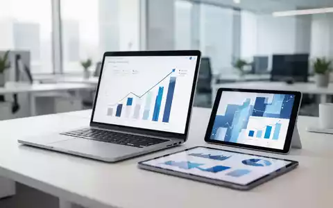 Ein moderner, heller Arbeitsplatz mit Laptop und Tablet, auf dem Geschäftsgrafiken zu sehen sind. - Foto: über boerse-global.de