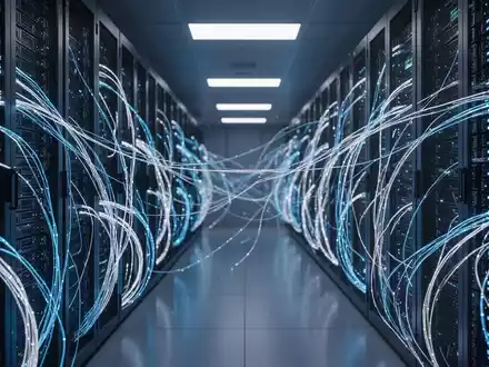 Moderne Serverräume mit leuchtenden Glasfaserkabeln als Symbol für KI-Infrastruktur und technologische Investitionen. - Foto: über boerse-global.de