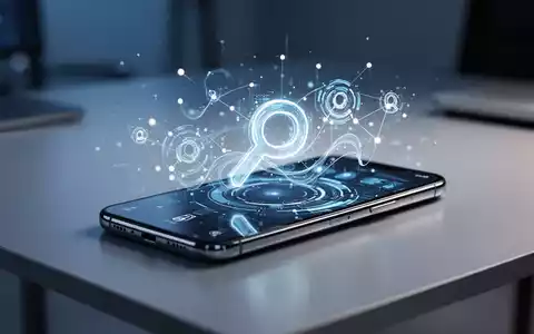 Schlankes Smartphone mit abstrakten Daten- und Suchsymbolen auf einem modernen Schreibtisch. - Foto: über boerse-global.de