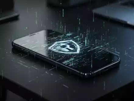 Ein Smartphone auf einem dunklen Schreibtisch mit digitalem Störeffekt auf dem Bildschirm als Symbol für Cyber-Bedrohungen. - Foto: über boerse-global.de