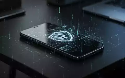 Ein Smartphone auf einem dunklen Schreibtisch mit digitalem Störeffekt auf dem Bildschirm als Symbol für Cyber-Bedrohungen. - Foto: über boerse-global.de
