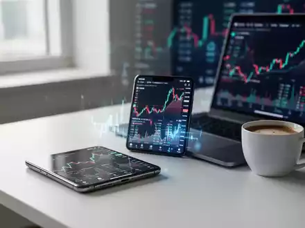 Smartphone mit Aktien-App und Laptop auf einem Schreibtisch als Symbol für digitalen Wertpapierhandel und Depotvergleich. - Foto: über boerse-global.de