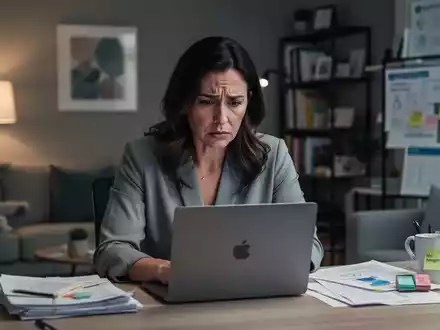 Eine gestresste Frau bei der Organisation von Familienaufgaben an einem Laptop in einer ruhigen, modernen Umgebung. - Foto: über boerse-global.de