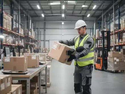 Eine Fachkraft in einem Logistikzentrum führt eine ergonomische Lastenhandhabung durch, um Rückenbelastungen zu vermeiden. - Foto: über boerse-global.de