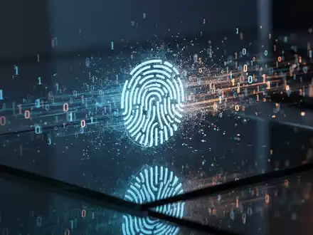Konzeptionelle Darstellung digitaler Privatsphäre mit leuchtenden biometrischen Datensymbolen und abstraktem Code auf dunkler Oberfläche. - Foto: über boerse-global.de