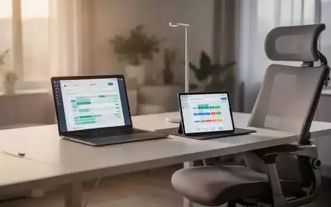 Moderner Homeoffice-Arbeitsplatz mit Laptop und digitaler Zeiterfassungs-App auf einem Tablet. - Foto: über boerse-global.de