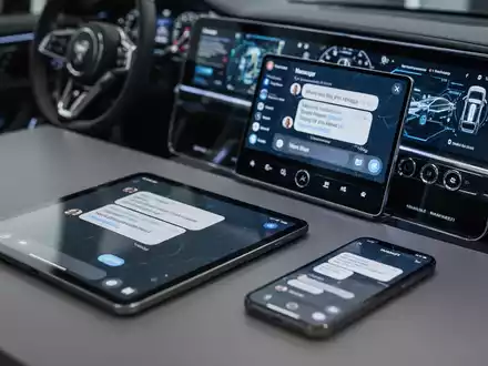 Tablet, Smartphone und Auto-Display mit modernen Messaging-Apps in professionellem Arbeitsumfeld. - Foto: über boerse-global.de