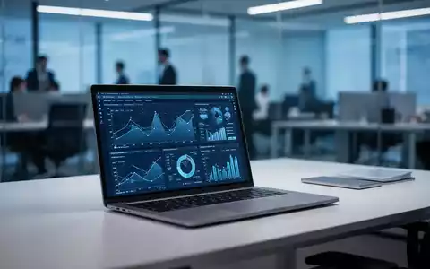 Moderner Büroarbeitsplatz mit Laptop und Datenvisualisierungen als Symbol für digitale Transformation und Stellenabbau. - Foto: über boerse-global.de