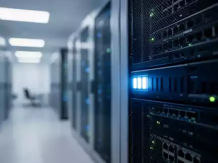 Nahaufnahme von leuchtenden Server-Rack-Lichtern in einem modernen Rechenzentrum, die Unternehmens-Cloud-Infrastruktur repräsentiert. - Foto: über boerse-global.de