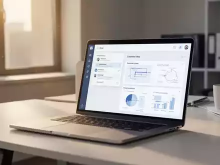 Moderner Büroarbeitsplatz mit Laptop, der E-Mail- und Workflow-Software in einer professionellen, sonnigen Umgebung zeigt. - Foto: über boerse-global.de