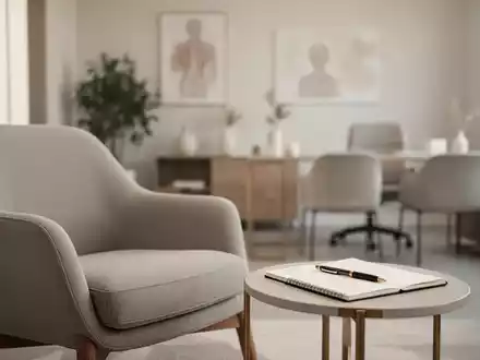 Ein minimalistisch eingerichteter Therapieraum mit Sessel und Notizbuch, der eine professionelle und ruhige Atmosphäre ausstrahlt. - Foto: über boerse-global.de