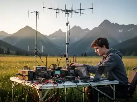 Amateurfunkstation mit Antennenmast und technischer Ausrüstung auf einer sonnigen Bergwiese. - Foto: über boerse-global.de