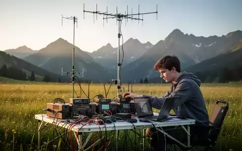 Amateurfunkstation mit Antennenmast und technischer Ausrüstung auf einer sonnigen Bergwiese. - Foto: über boerse-global.de
