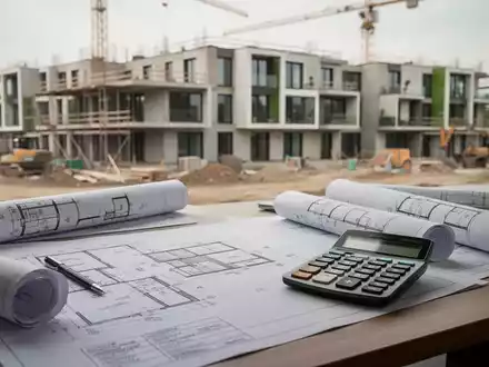 Moderne Baustelle eines Wohngebäudes mit Bauplänen und Taschenrechner auf einem Schreibtisch. - Foto: über boerse-global.de