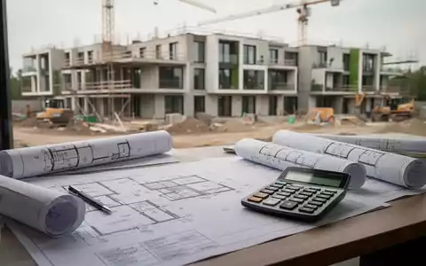 Moderne Baustelle eines Wohngebäudes mit Bauplänen und Taschenrechner auf einem Schreibtisch. - Foto: über boerse-global.de