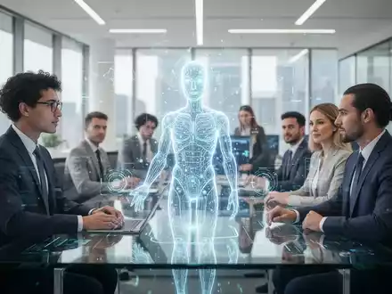 Ein professioneller Mitarbeiter interagiert in einem modernen Büro mit einem KI-Avatar auf einer digitalen Schnittstelle. - Foto: über boerse-global.de