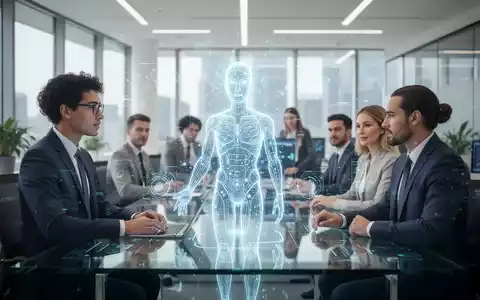 Ein professioneller Mitarbeiter interagiert in einem modernen Büro mit einem KI-Avatar auf einer digitalen Schnittstelle. - Foto: über boerse-global.de
