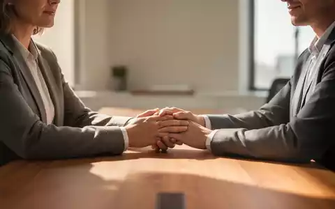Zwei Personen sitzen bei einem Beratungsgespräch an einem Holztisch, eine Person hält unterstützend die Hand der anderen. - Foto: über boerse-global.de