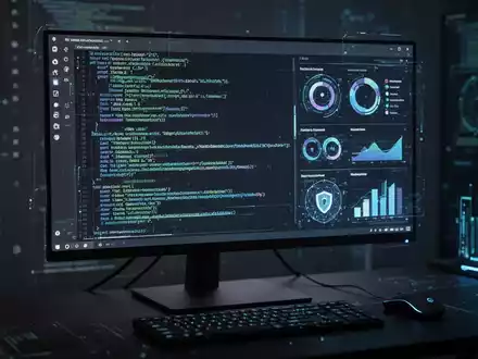 Moderner Linux-Workstation-Monitor mit komplexem Sicherheitscode und Datenvisualisierungen in dunklem, professionellem Umfeld. - Foto: über boerse-global.de