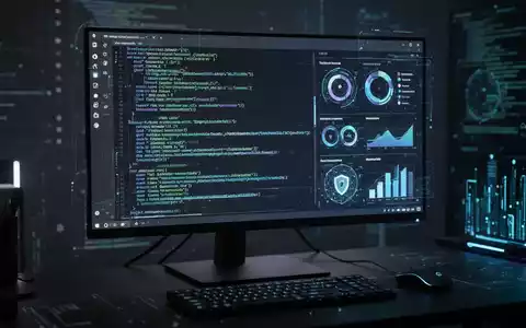 Moderner Linux-Workstation-Monitor mit komplexem Sicherheitscode und Datenvisualisierungen in dunklem, professionellem Umfeld. - Foto: über boerse-global.de