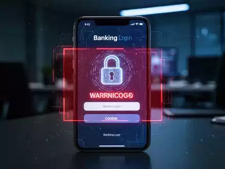 Ein Smartphone-Display zeigt eine Warnung vor einer gefälschten Banking-App mit digitalen Sicherheits-Symbolen. - Foto: über boerse-global.de