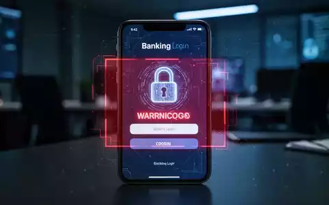 Ein Smartphone-Display zeigt eine Warnung vor einer gefälschten Banking-App mit digitalen Sicherheits-Symbolen. - Foto: über boerse-global.de