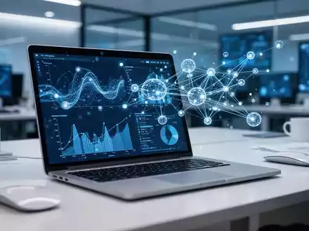 Ein moderner Arbeitsplatz mit Laptop und abstrakten Datenvisualisierungen, die neuronale Netzwerke darstellen. - Foto: über boerse-global.de
