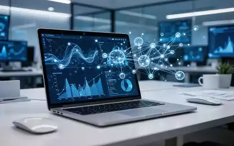 Ein moderner Arbeitsplatz mit Laptop und abstrakten Datenvisualisierungen, die neuronale Netzwerke darstellen. - Foto: über boerse-global.de