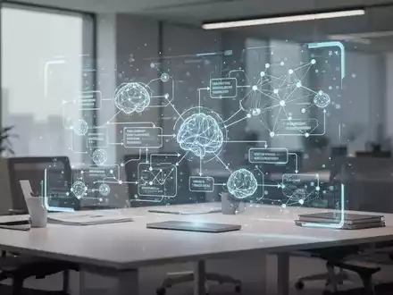 Abstraktes Konzept einer modernen Büro-Arbeitswelt mit digitalen Netzwerkgrafiken zur Visualisierung von KI-Transformation. - Foto: über boerse-global.de