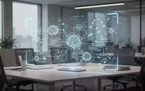 Abstraktes Konzept einer modernen Büro-Arbeitswelt mit digitalen Netzwerkgrafiken zur Visualisierung von KI-Transformation. - Foto: über boerse-global.de