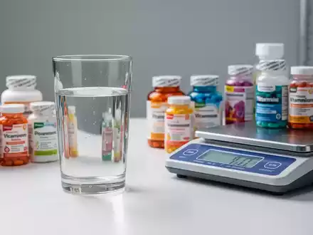 Ein Glas Wasser neben Vitaminpräparaten auf einem Labortisch zur Veranschaulichung von Gesundheitsmythen. - Foto: über boerse-global.de