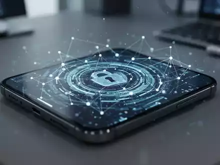Nahaufnahme eines modernen Smartphones mit abstrakten digitalen Sicherheitsmustern und Netzwerkgrafiken. - Foto: über boerse-global.de