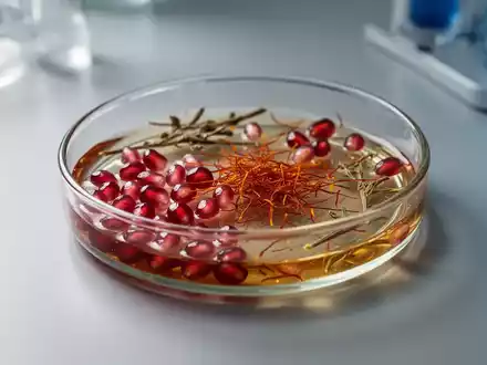 Laborumgebung mit botanischen Extrakten wie Granatapfelkernen und Safran zur Erforschung von Lebererkrankungen. - Foto: über boerse-global.de