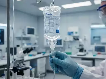 Eine medizinische Infusionslösung in einer klinischen Laborumgebung als Symbol für onkologische Forschung. - Foto: über boerse-global.de
