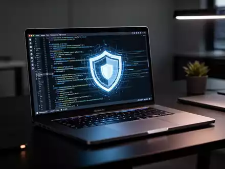 MacBook Pro auf dunklem Schreibtisch mit digitalem Sicherheitsschild, das macOS-Schwachstellenforschung darstellt - Foto: über boerse-global.de