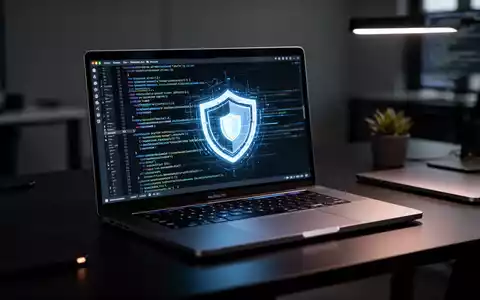 MacBook Pro auf dunklem Schreibtisch mit digitalem Sicherheitsschild, das macOS-Schwachstellenforschung darstellt - Foto: über boerse-global.de