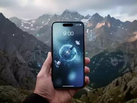 Ein Smartphone vor einer bergigen Landschaft, das Satelliten-Notfallkonnektivität in abgelegenen Regionen darstellt. - Foto: über boerse-global.de