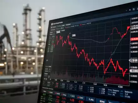 Digitales Börsendisplay mit fallendem DAX-Chart vor dem Hintergrund einer verschwommenen Ölraffinerie. - Foto: über boerse-global.de