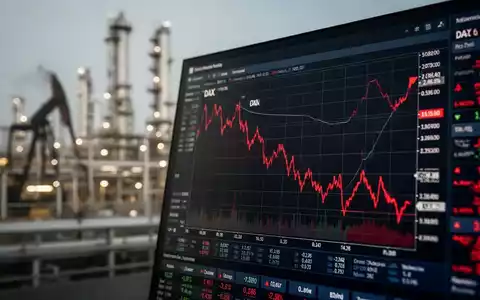 Digitales Börsendisplay mit fallendem DAX-Chart vor dem Hintergrund einer verschwommenen Ölraffinerie. - Foto: über boerse-global.de
