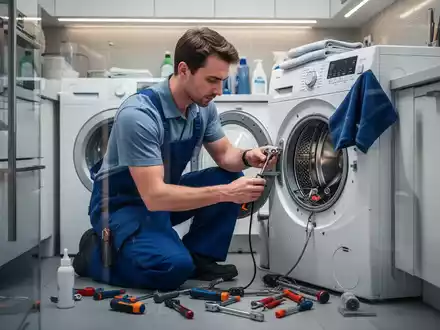 Ein Techniker repariert fachmännisch eine Waschmaschine in einem modernen Hauswirtschaftsraum. - Foto: über boerse-global.de