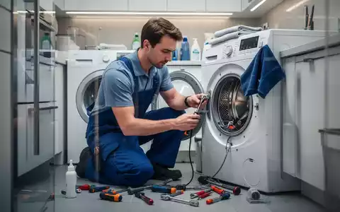 Ein Techniker repariert fachmännisch eine Waschmaschine in einem modernen Hauswirtschaftsraum. - Foto: über boerse-global.de