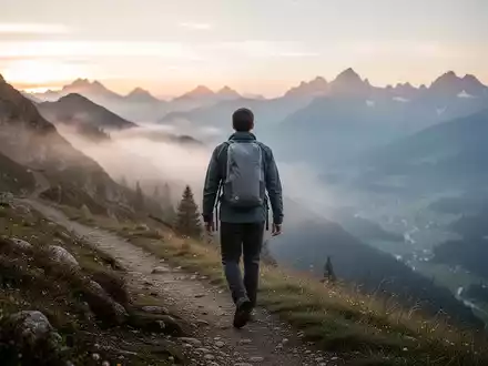 Eine Person wandert mit minimalistischem Rucksack bei Sonnenaufgang auf einem einsamen Pfad in einer Berglandschaft. - Foto: über boerse-global.de