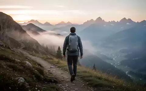 Eine Person wandert mit minimalistischem Rucksack bei Sonnenaufgang auf einem einsamen Pfad in einer Berglandschaft. - Foto: über boerse-global.de