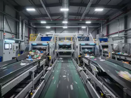 Moderne Sortieranlage in einem Recyclingbetrieb mit industriellen Förderbändern und technischer Ausrüstung. - Foto: über boerse-global.de