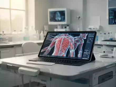 Digitales Tablet mit einer 3D-Visualisierung des menschlichen Fasziennetzwerks in einer modernen medizinischen Praxis. - Foto: über boerse-global.de