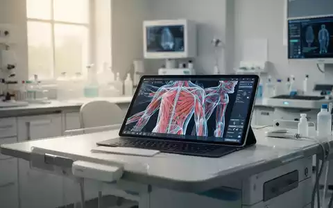 Digitales Tablet mit einer 3D-Visualisierung des menschlichen Fasziennetzwerks in einer modernen medizinischen Praxis. - Foto: über boerse-global.de