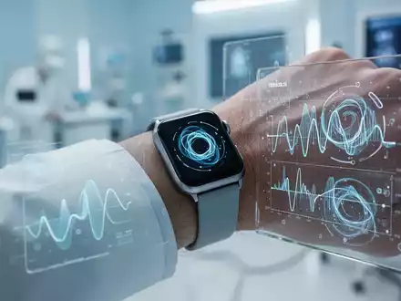 Eine Smartwatch am Handgelenk neben einer digitalen Visualisierung von Gesundheitsdaten in einer modernen Umgebung. - Foto: über boerse-global.de