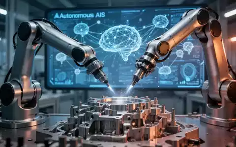 Ein präziser Roboterarm in einer modernen Fabrik mit digitalen Datenvisualisierungen im Hintergrund. - Foto: über boerse-global.de