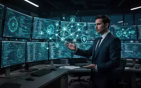 Ein moderner Kontrollraum für Cybersicherheit mit digitalen Datenströmen auf Bildschirmen und einer holografischen Netzwerkgrafik. - Foto: über boerse-global.de